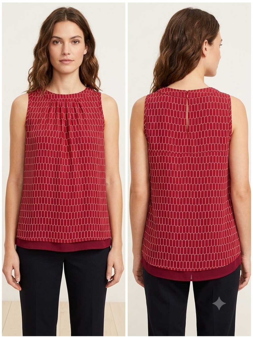 LOFT Red White Geometric Round Neck Pleated Woven Pullover Tank Top S